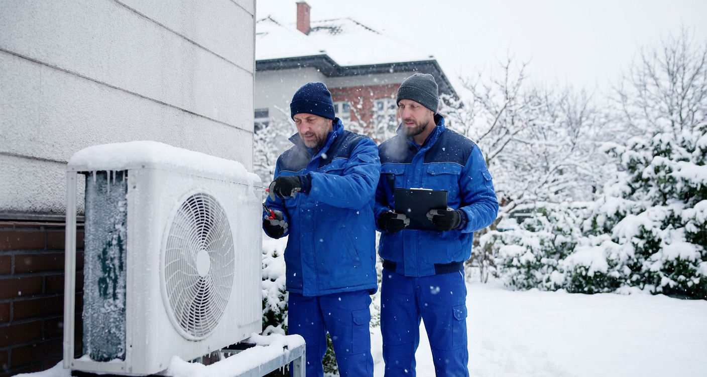 Techniciens OHMEGA travaillant sur une thermopompe en hiver